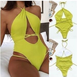Girls Gel One Piece Swimsuit Cross Strap Halter Neck Hollow bikini